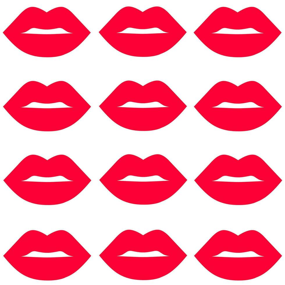 Bright red lips. Lips pattern on white background. Fashion trendy background. For design, prints, textiles, fabrics, wallpapers, wrapping and love logos. Vector illustration