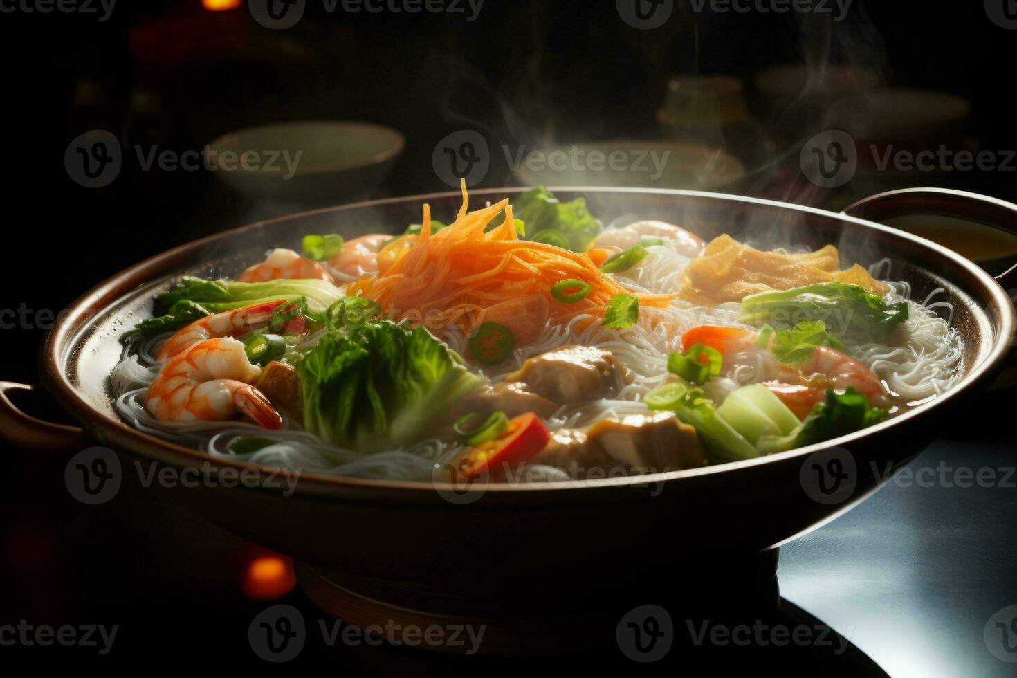 AI generated Rice noodles with shrimps and vegetables in a bowl. photo