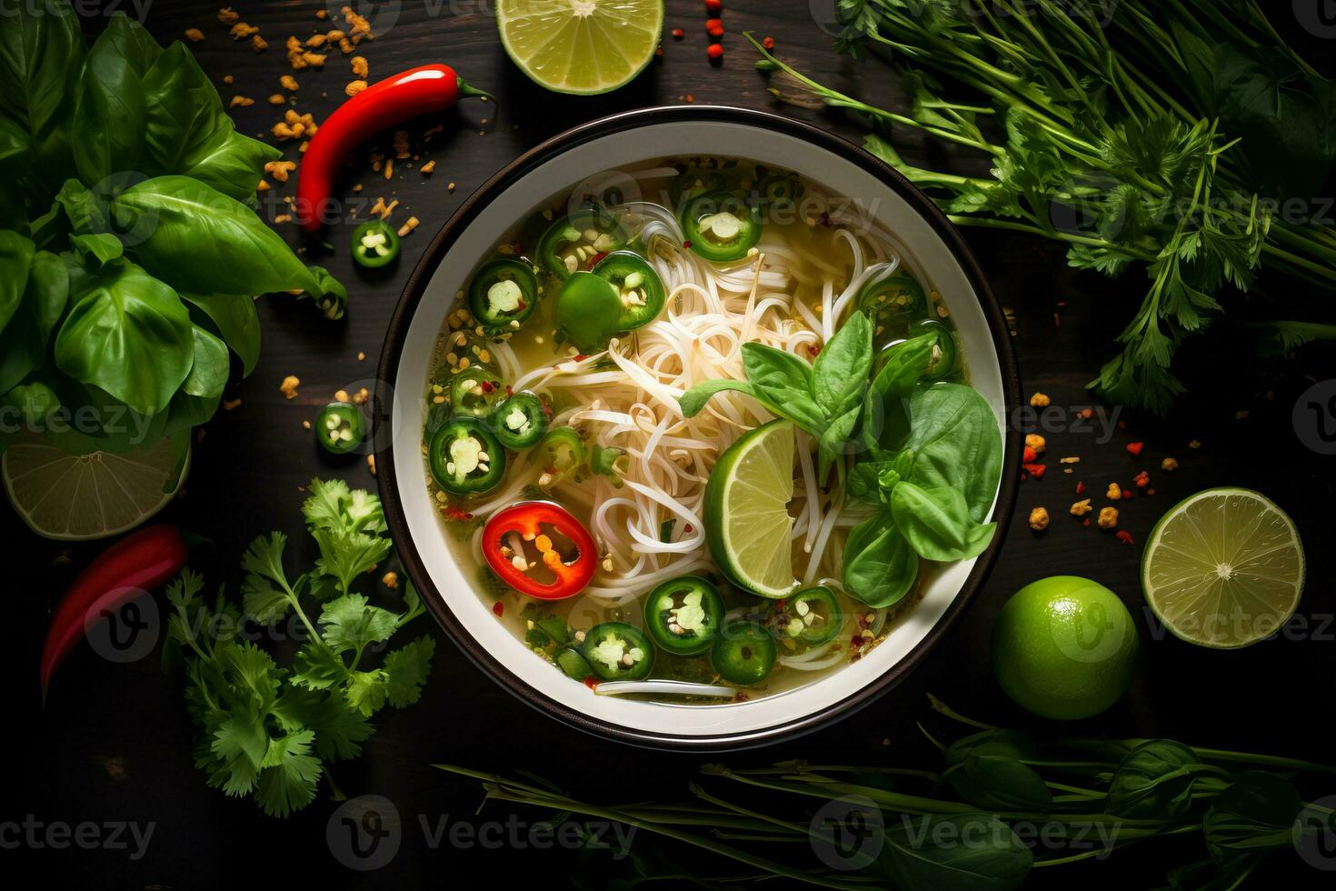 AI generated fragrant Pho. medley of fresh herbs, bean sprouts, lime wedges, and sliced jalapenos .flat lay white table photo