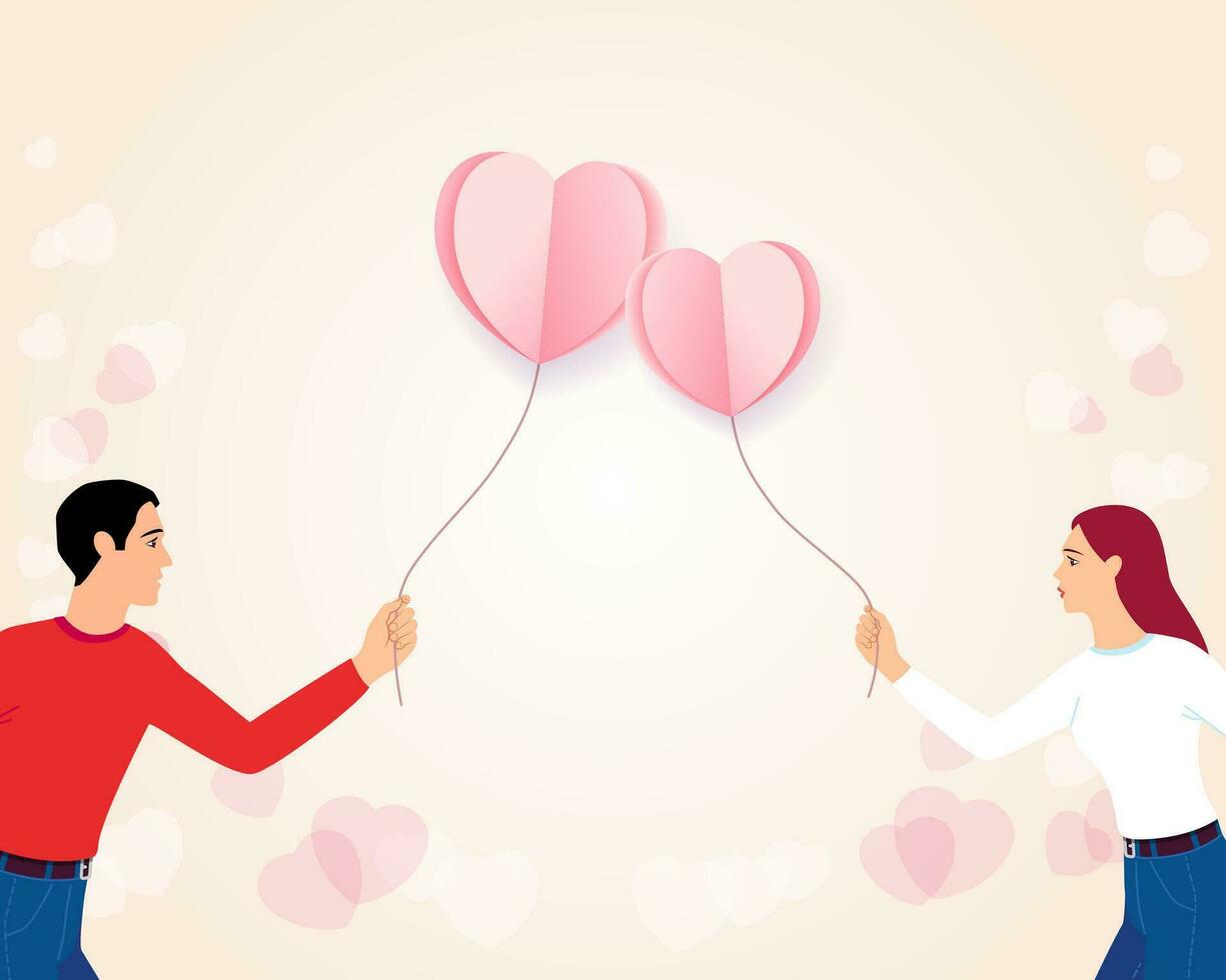 Pareja con enamorado corazones. hombre, mujer y papel corazón globos fiesta antecedentes vector