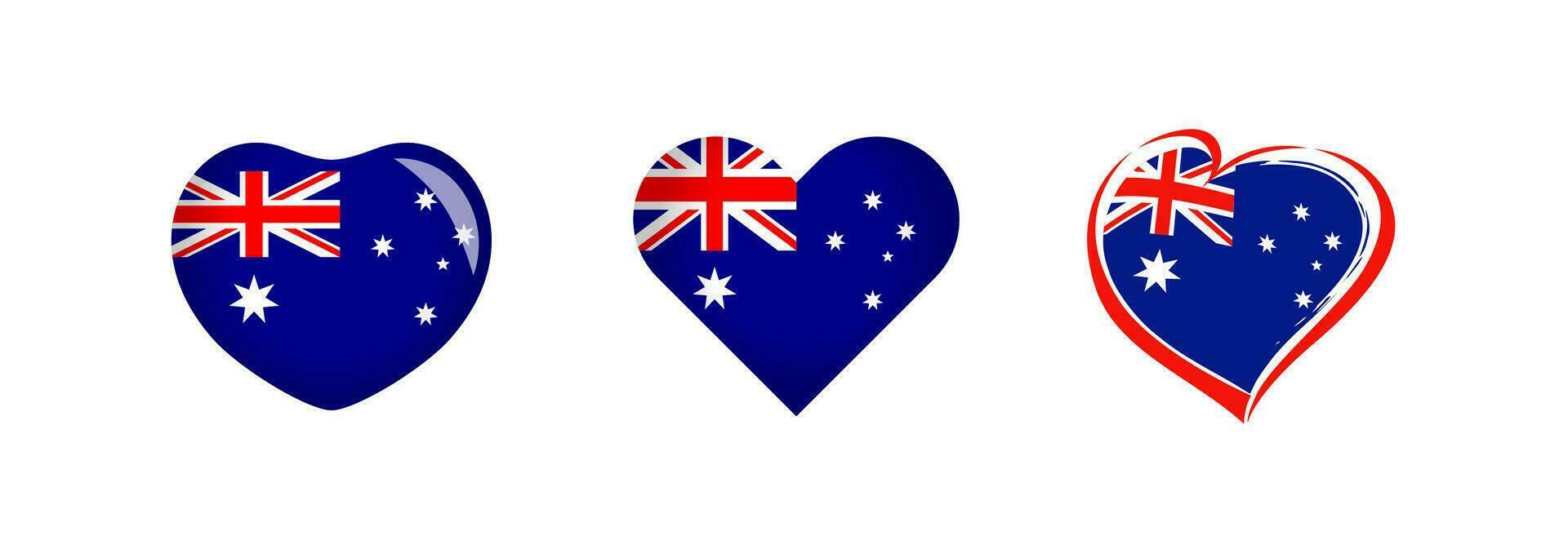 Heart shapes with Australian flag. Creative collection. Set of buttons. Icon concept. Happy Australia day decoration. Welcome to Australia, welcome to Sydney sign. Sports or travel logo design. vector