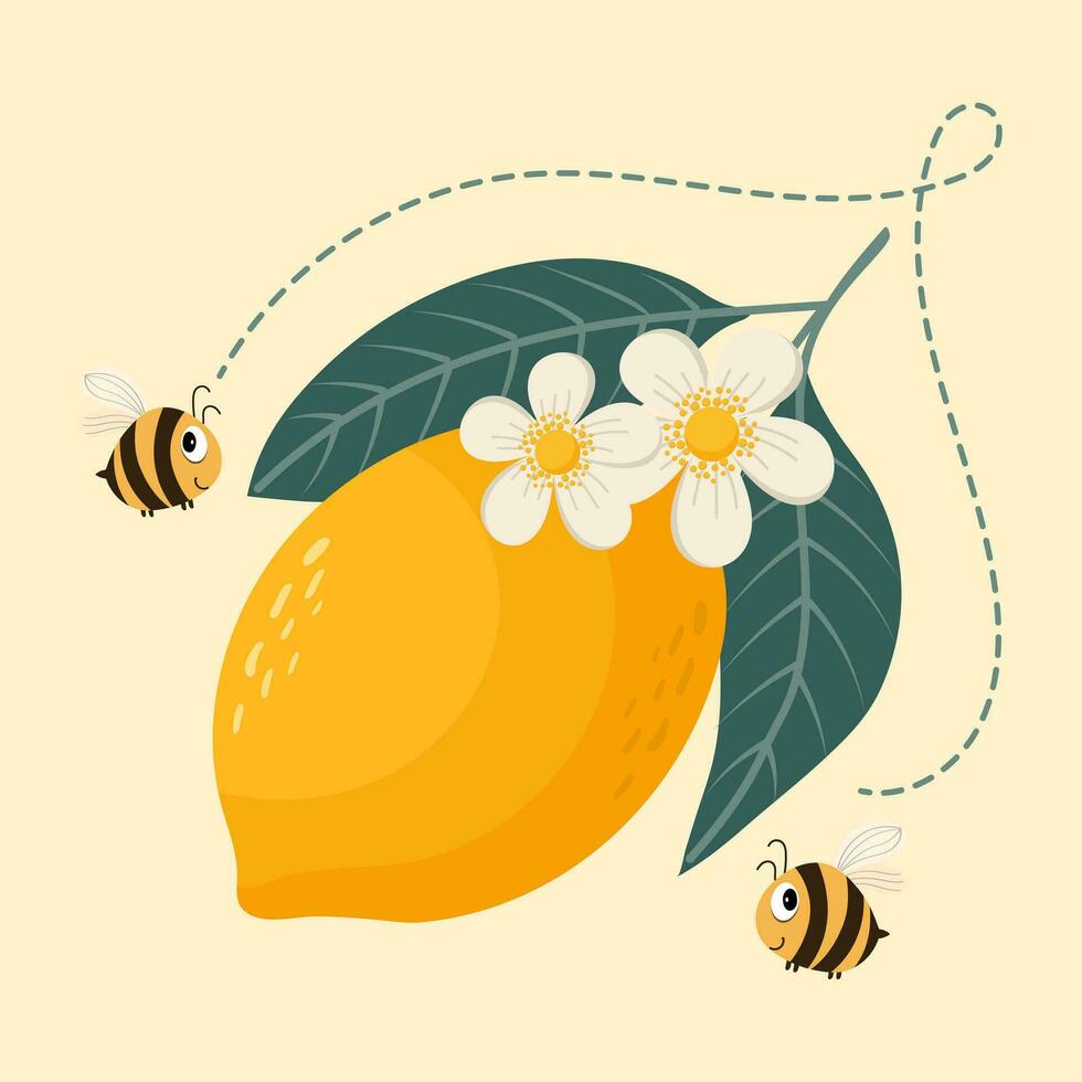 Lemon with flowers and funny bees. Children's print, postcard, illustration, vector