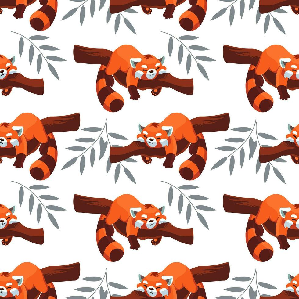 Seamless pattern, funny tired raccoons are sleeping on a tree. Cartoon background, baby wallpaper, vector