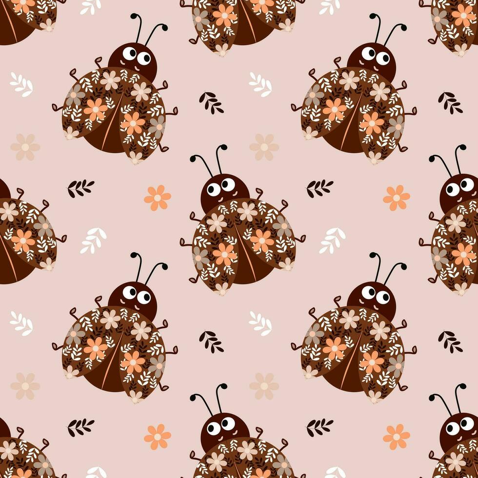 Seamless pattern, cute ladybugs in flowers on a gentle background. Baby background, print, textile, vector