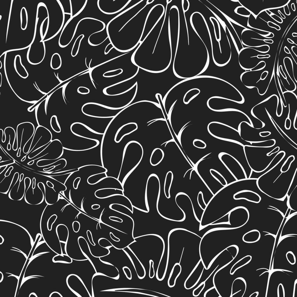 sin costura modelo de contorno tropical monstera hojas en un negro antecedentes. textil, decoración para pastel lino, imprimir, vector