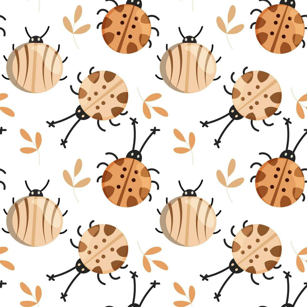Seamless pattern, cute cartoon ladybugs and beetles on a gentle background. Baby background, print, textile, vector