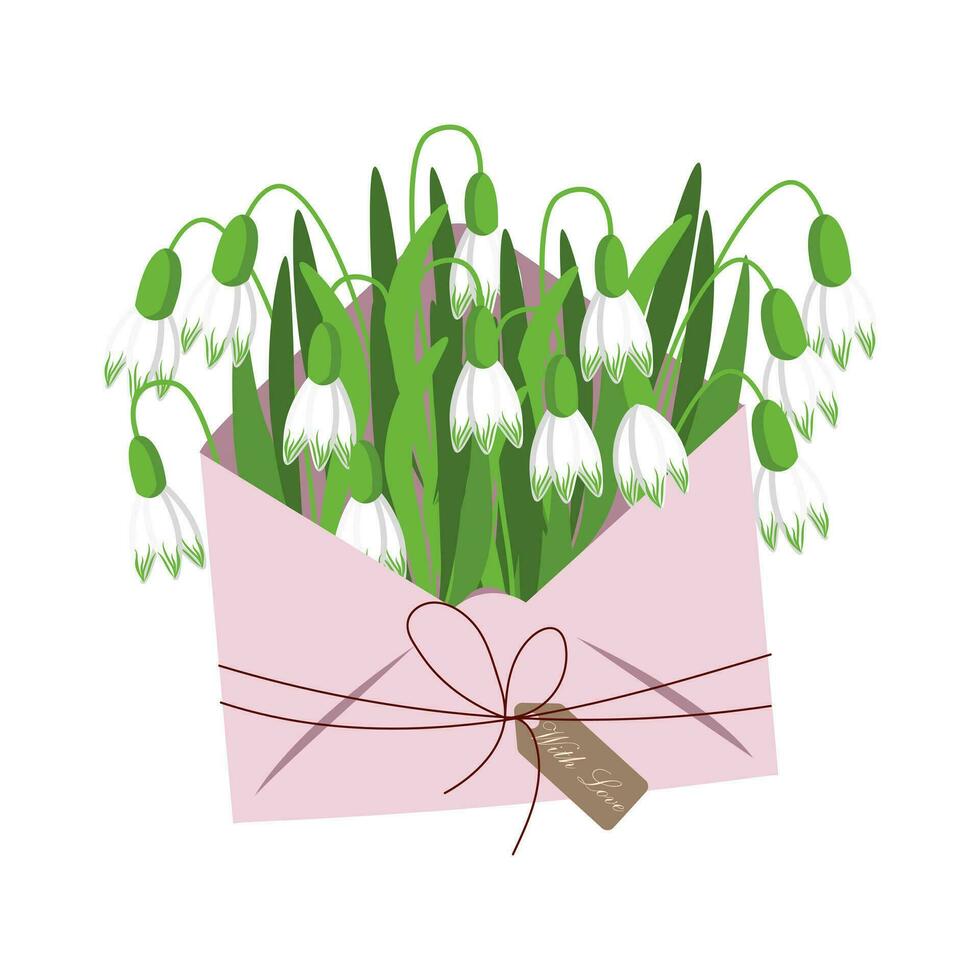 Romantic envelope with snowdrop flowers, gift. Spring illustration, mother's day greeting card, vector