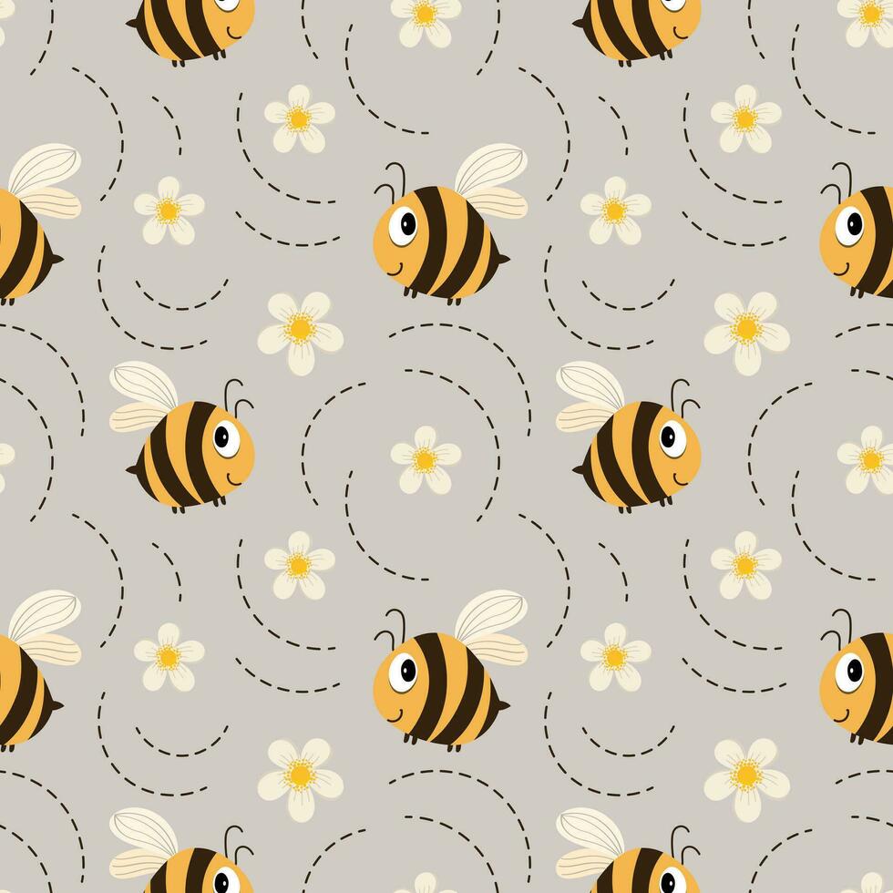 Seamless pattern, funny bees with white flowers. Children's print, background, textile, wallpaper, vector