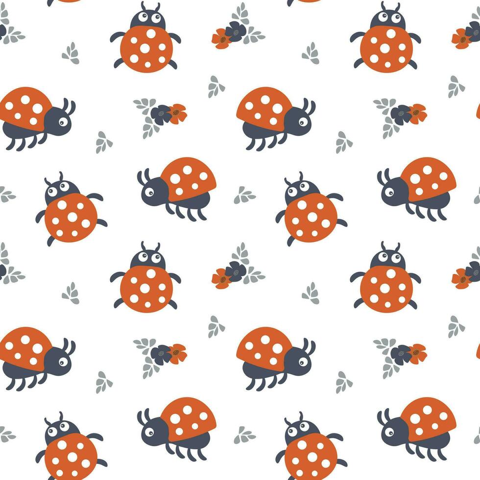 Seamless pattern, cute cartoon ladybugs on a white background. Baby background, print, textile, vector