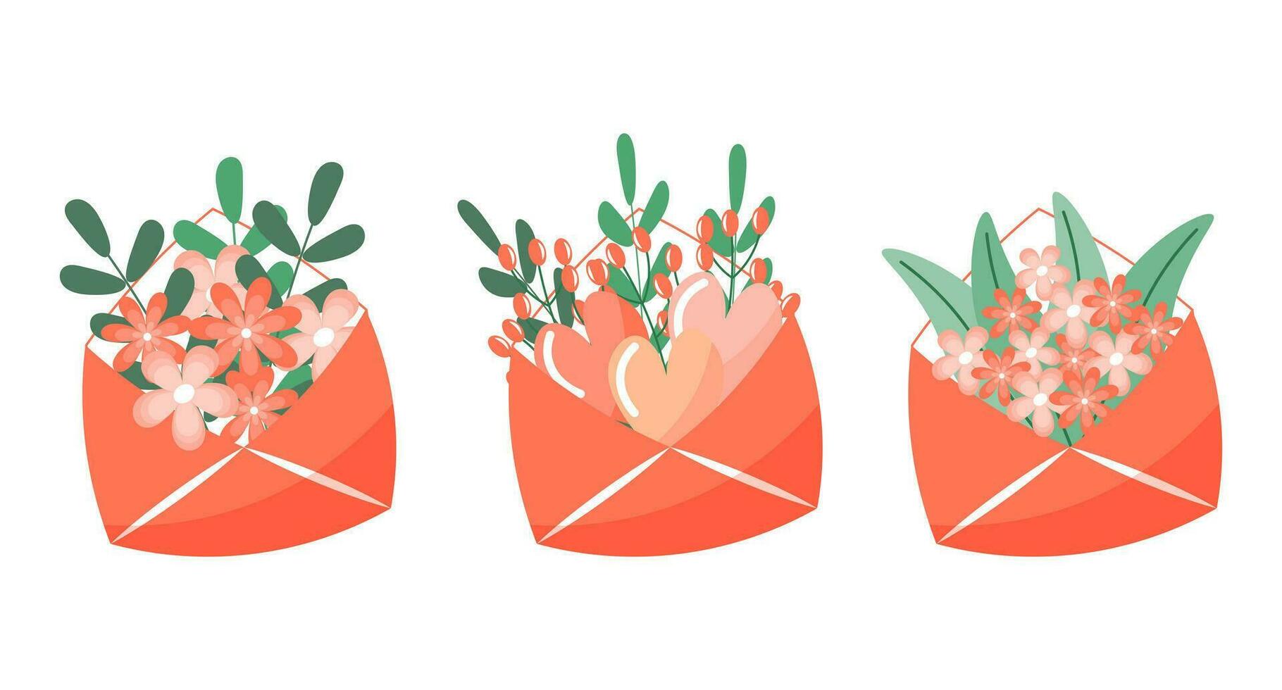 Set of envelopes with flowers and hearts, gift icons. Spring illustration, greeting icons, vector