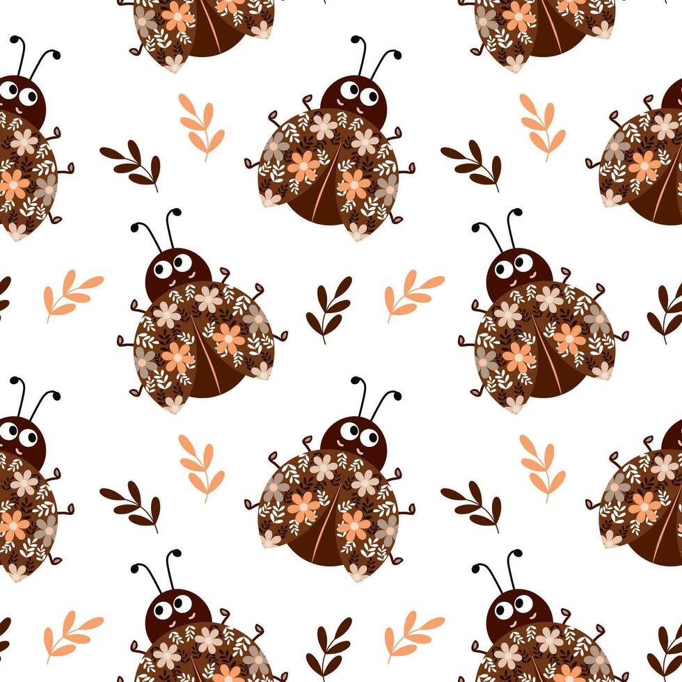 Seamless pattern, cute ladybugs in flowers on a gentle background. Baby background, print, textile, vector