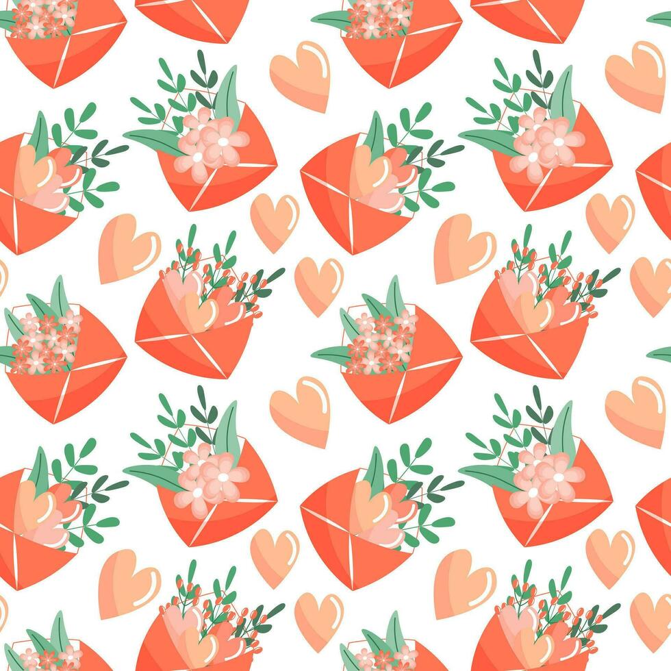 Seamless pattern, envelopes with flowers and hearts, gift icons. Print, congratulatory background, vector