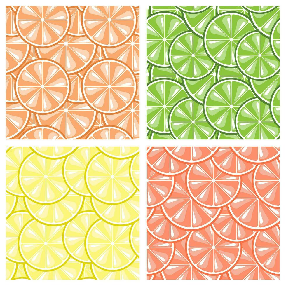 Set of seamless patterns, slices of citrus lemons, oranges, grapefruits and limes with overlay. Backgrounds, textiles, vector