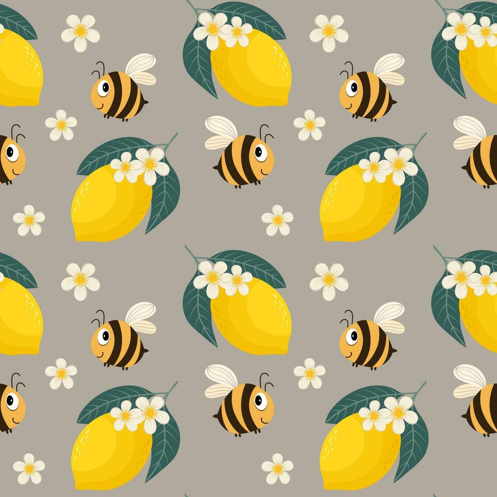 Seamless pattern, funny bees and lemons with white flowers. Children's print, background, textile, wallpaper, vector