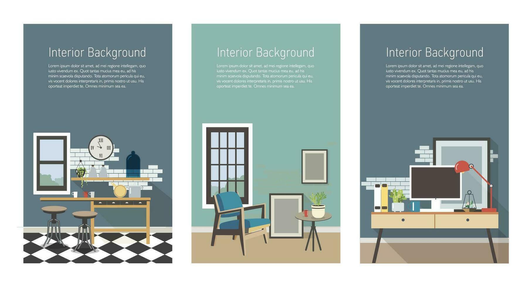 Modern interior banners set. Kitchen, living room, workplace in loft style. Colorful flat vector vertical templates with place for text