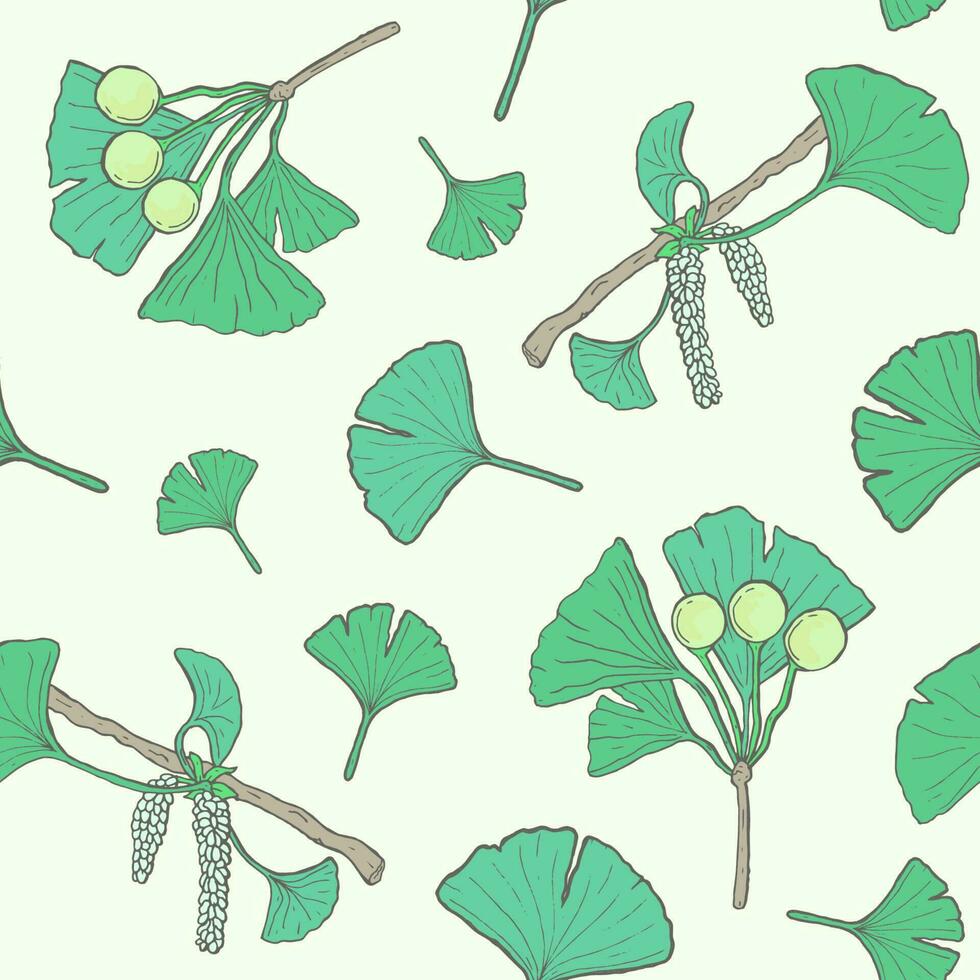 sin costura modelo con gingko biloba ramas y hojas, flores, bayas. médico, botánico planta antecedentes. vector vistoso mano dibujado textura.