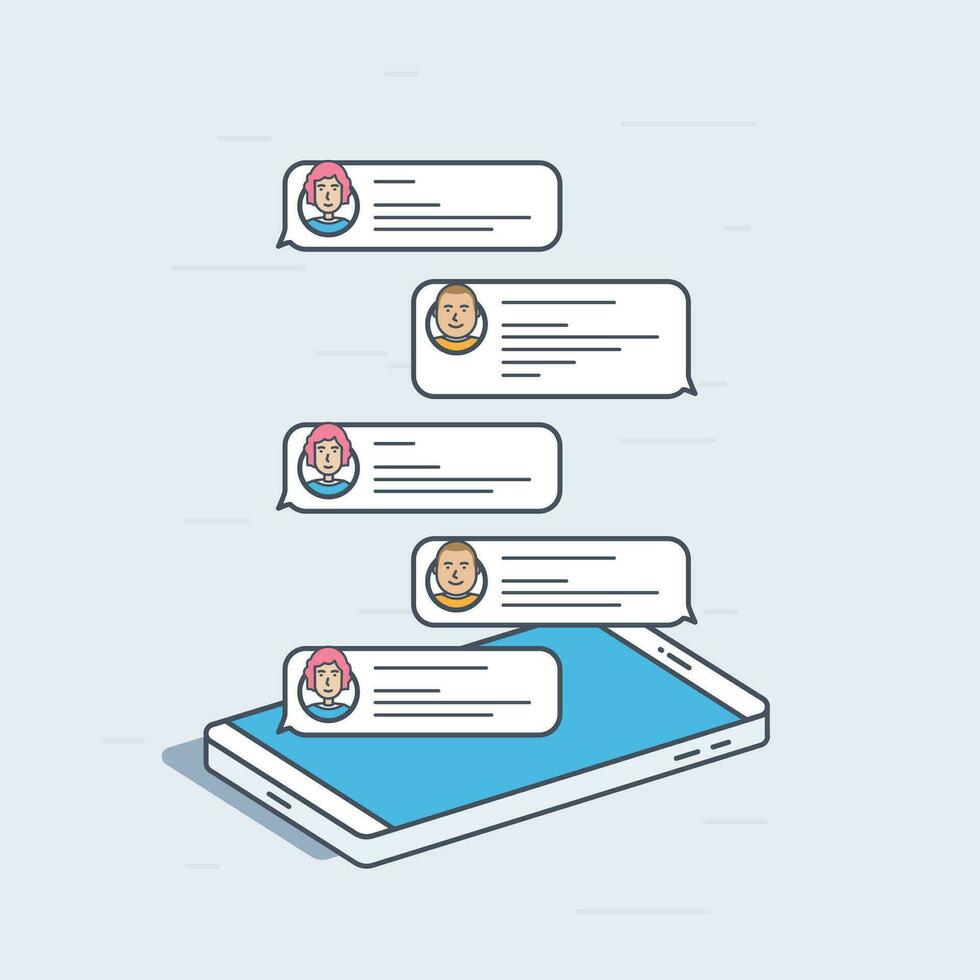 Isometric mobile phone with chat messages, notifications concept. Colorful modern vector illustration.