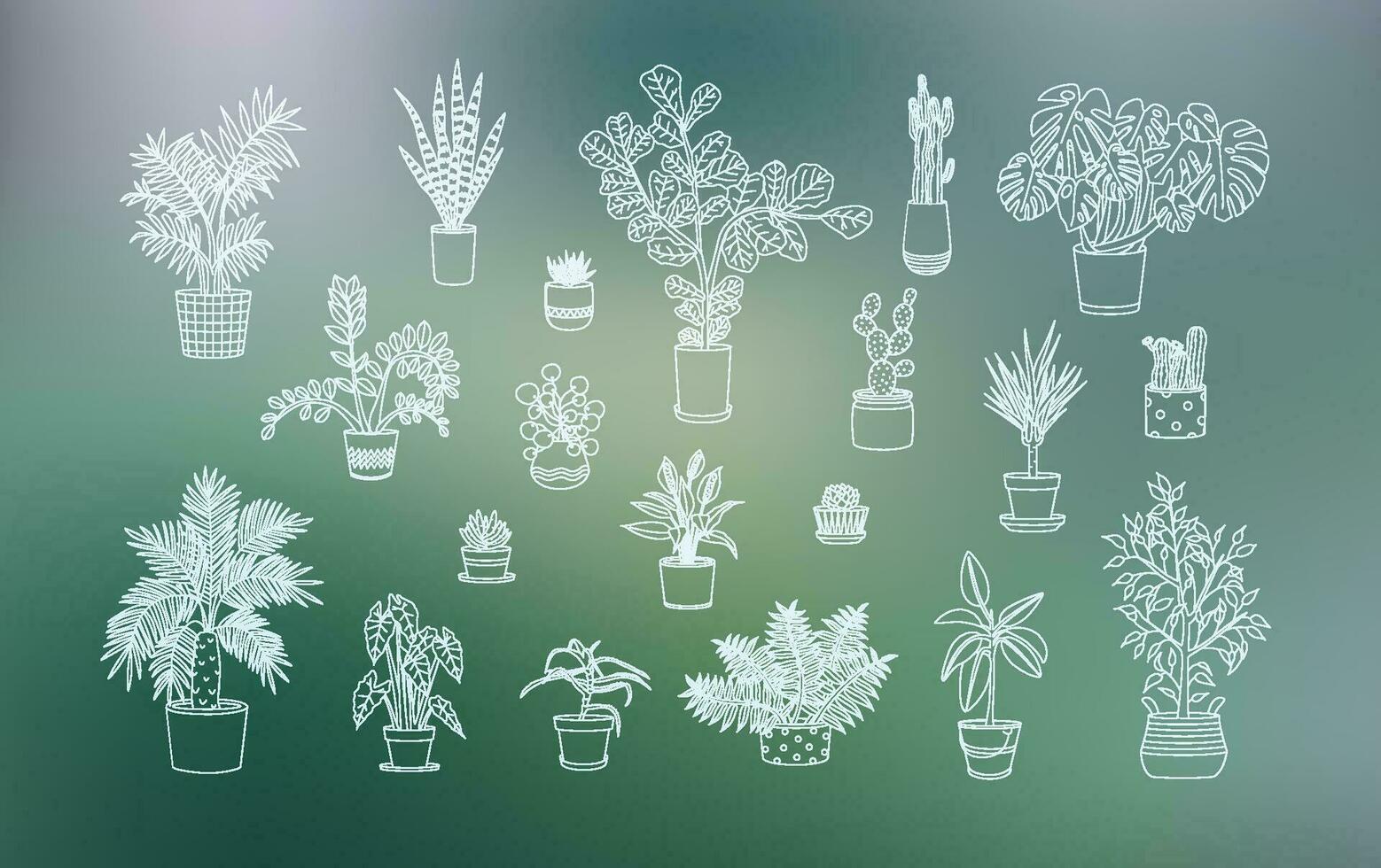 Different houseplants icons in line art style. vector