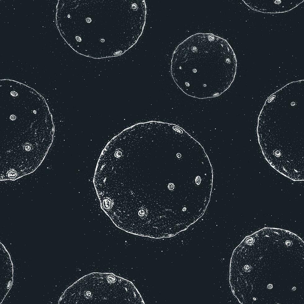 Seamless pattern with full moon in outer space with lunar craters. hand drawn vector illustration on black background.