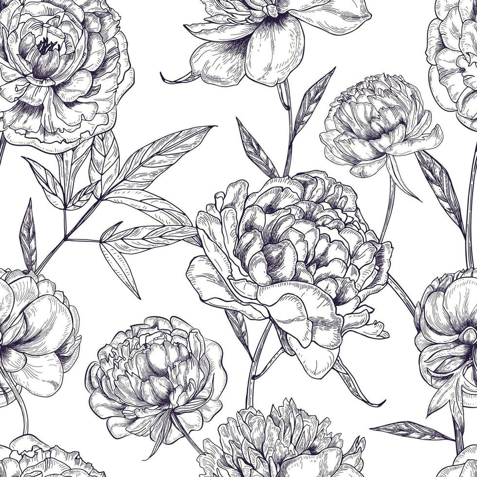 Beautiful peonies seamless pattern. Hand drawn blossom flowers, buds and leaves. Black and white vector illustration.