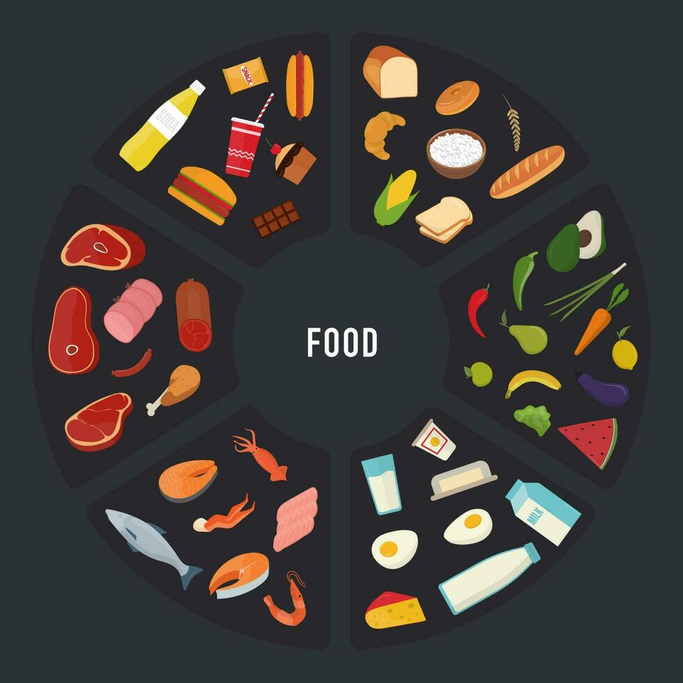 Different food groups- Meat, seafood, cereals, fruits and vegetables, fast food and sweets, dairy products in round shape. vector