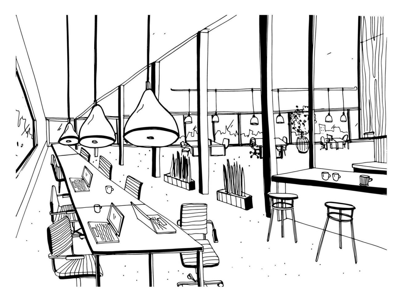 Hand drawn coworking cluster. Modern office interior, open space. workspace with computers, laptops, lighting and place for rest. Black and white horizontal vector sketch illustration.