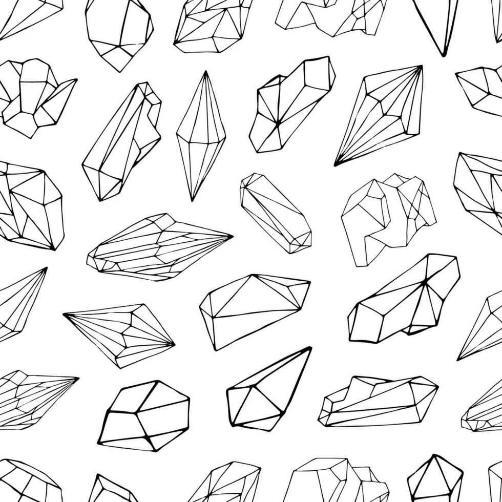 Seamless pattern with minerals, crystals, gems. Hand drawn contour vector background.