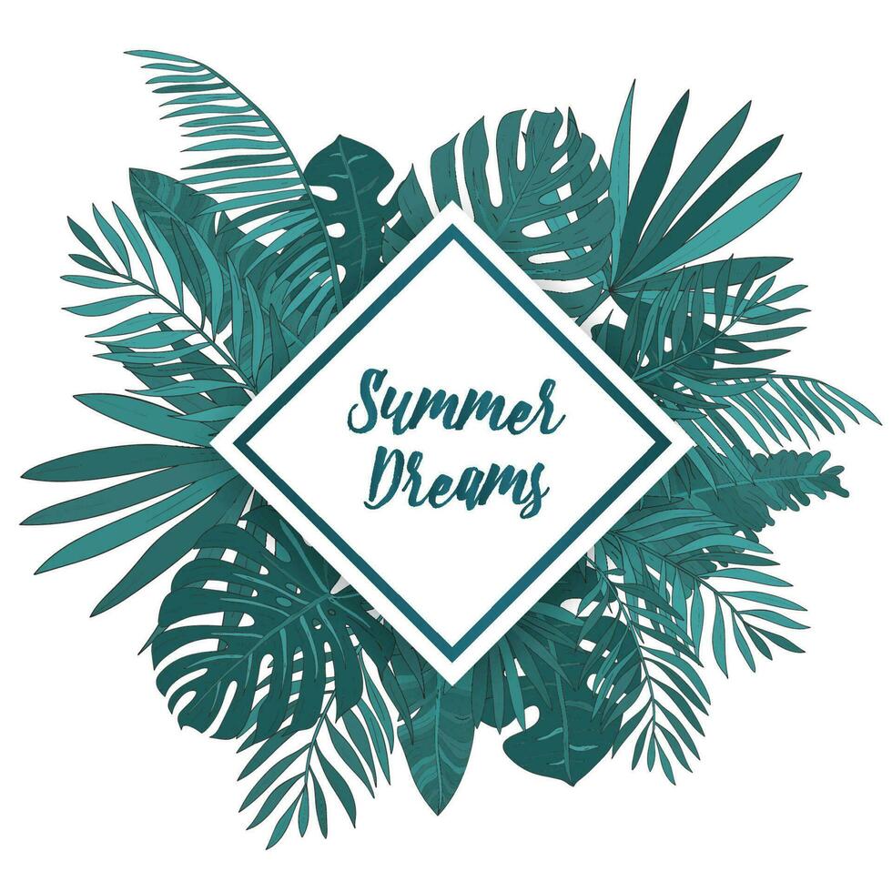 Frame with tropical palm leaves. Green exotic background with rhomb place for text. vector