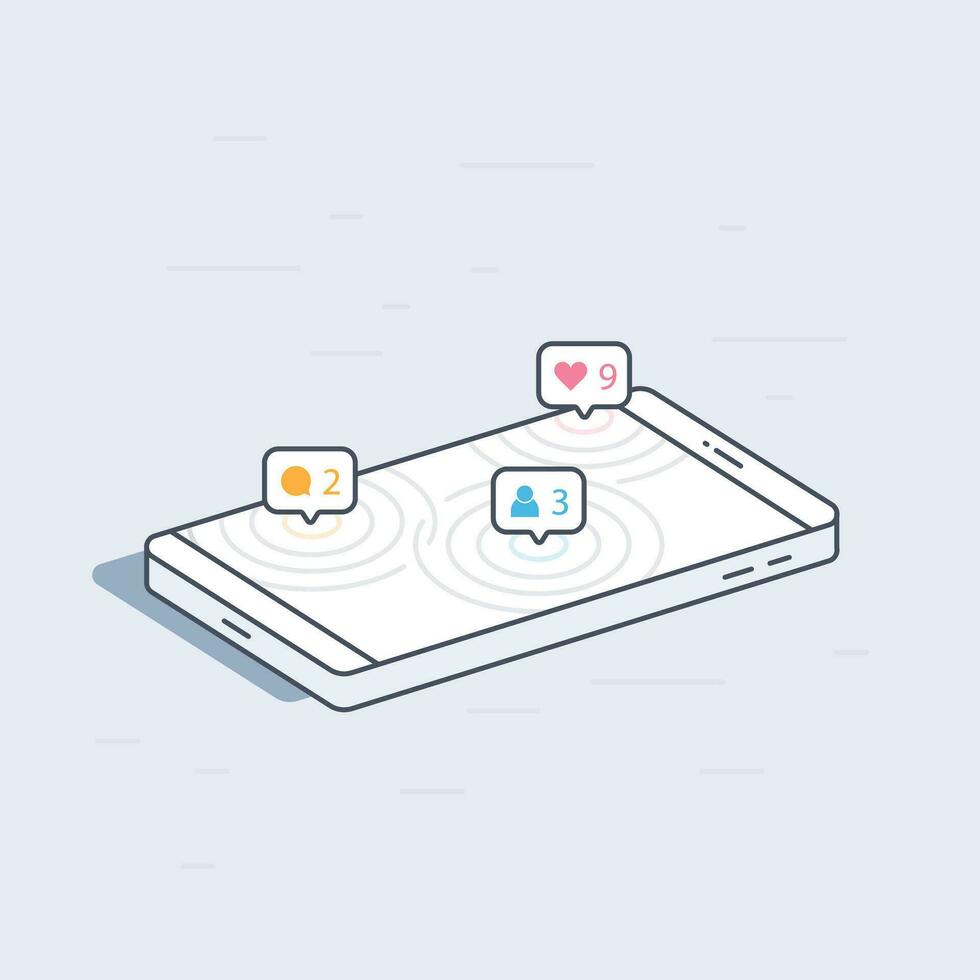 Isometric mobile phone with social network notifications concept. Colorful modern vector illustration.