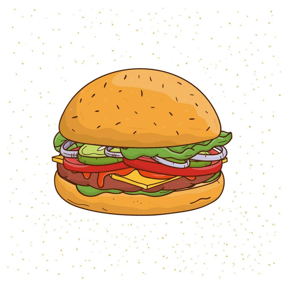 Burger with cheese, cucumber, cutlet, lettuce, onion, sauce, tomato, beef and salad. Colorful hand drawn vector illustration on white background.