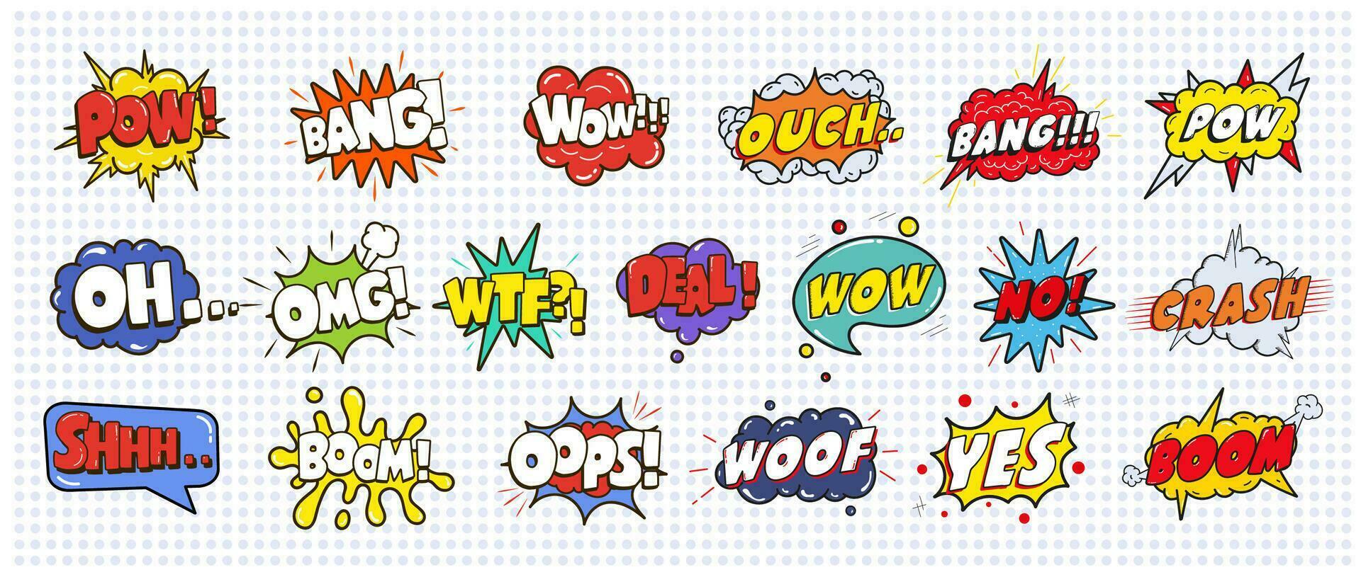 Comic sound speech effect bubbles set isolated on white background illustration. Wow, pow, bang, ouch, crash, woof, no, yes, boom, oh, omg, wtf, deal, oops inscriptions. vector