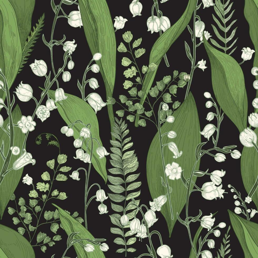 Lily of the valley with fern seamless pattern. Hand drawn texture with flowers, buds, leaves and stems. Colorful vector illustration.