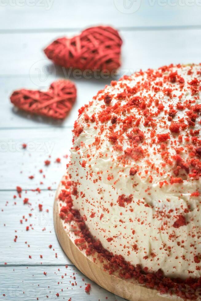 Red velvet cake on the wooden board photo