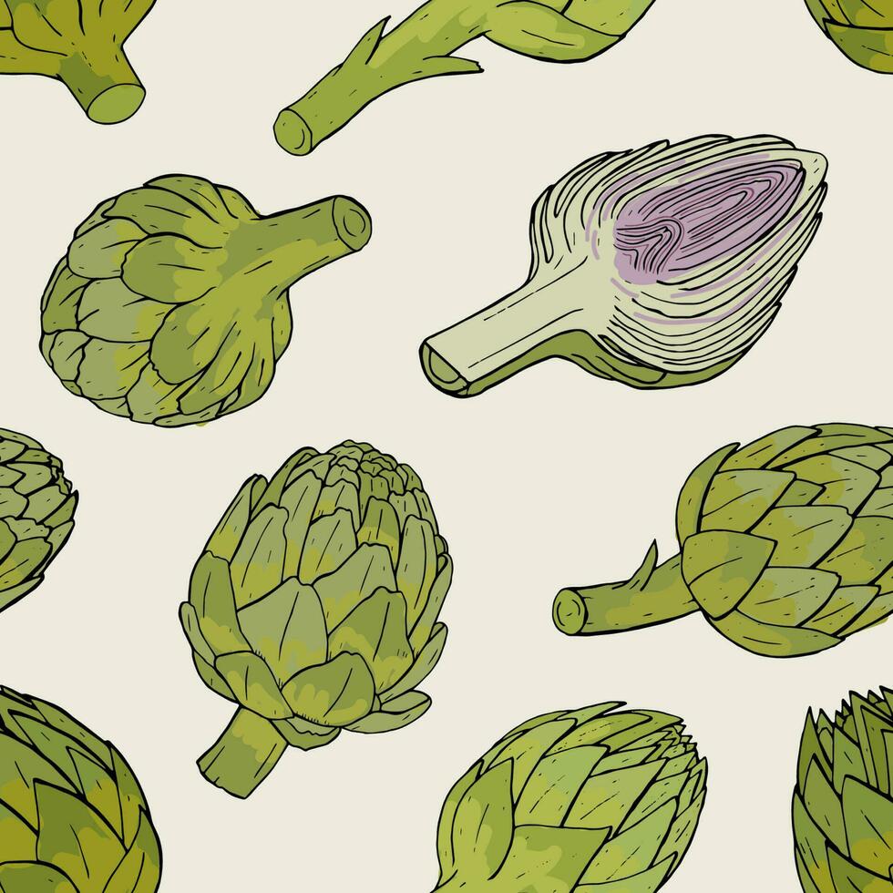 Artichoke seamless pattern with hand drawn cutaway plant. Colorful vector illustration
