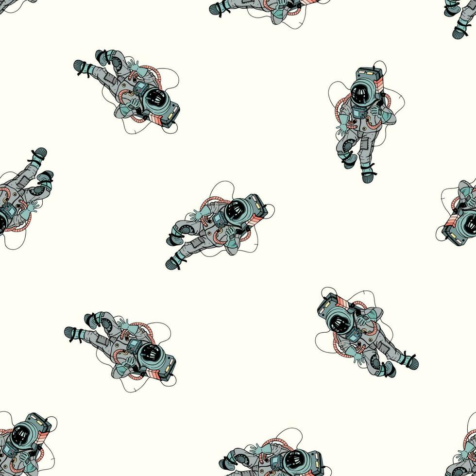 Astronaut in spacesuit seamless pattern. Cosmonaut in space on white background. Colorful vector illustration.