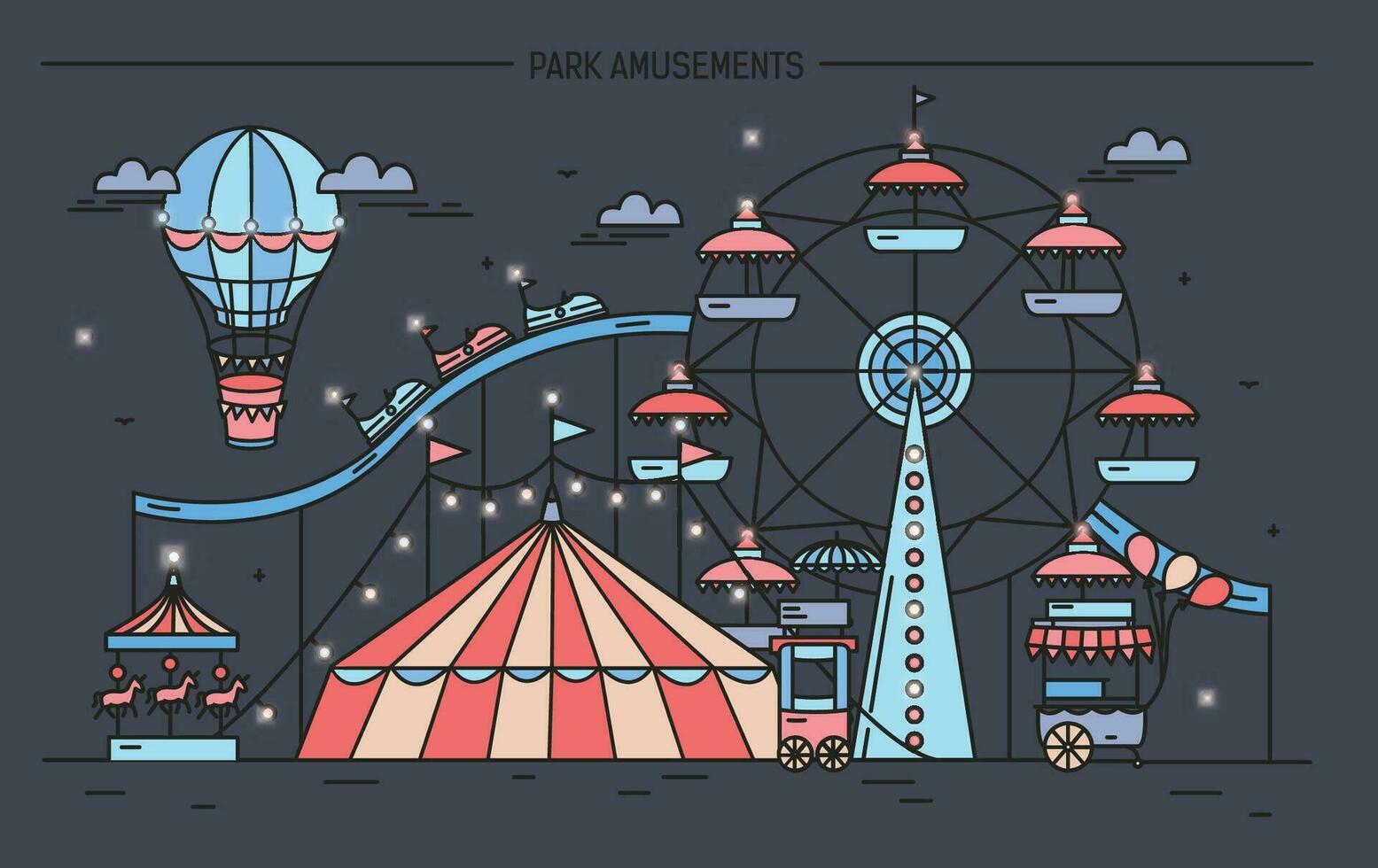 Horizontal banner with amusement park. Circus, ferris wheel, attractions, side view with aerostat in air. Colorful line art vector illustration on dark background.