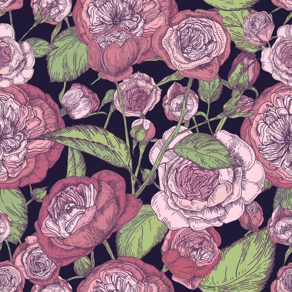 Beautiful detailed pion-shaped rose seamless pattern. Hand drawn blossom flowers and leaves. Colorful vintage vector illustration.