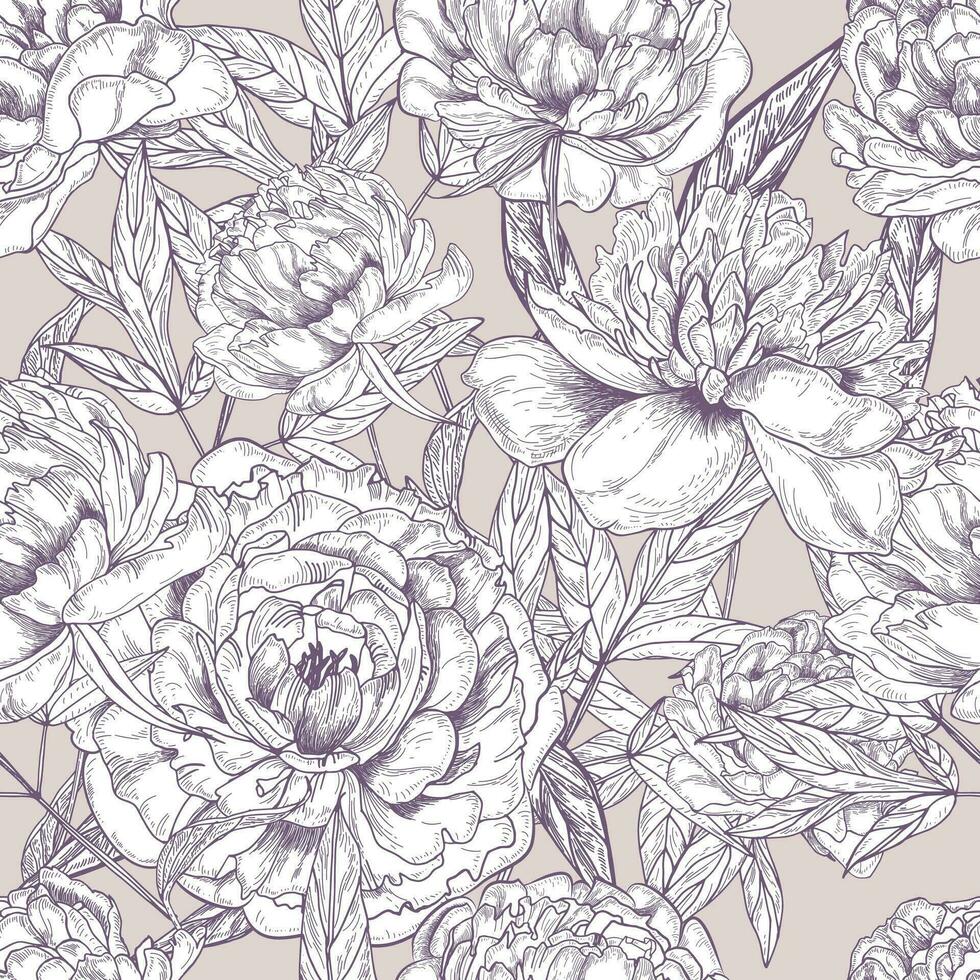 Beautiful detailed peonies seamless pattern. Hand drawn blossom flowers and leaves. Black and white vintage vector illustration.