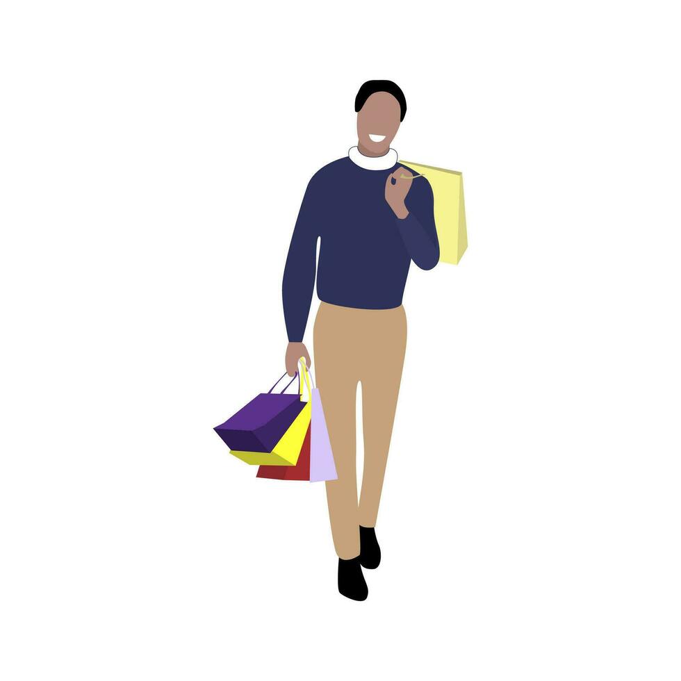 Shopper with packs purchase. Character customer, consumerism concept, man after shopping in mall. Vector Illustration