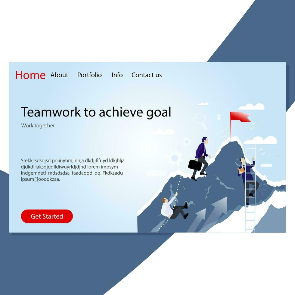 Teamwork to achive goal landing page. Work together for success. Vector cooperation team, achieve and partnership motivation, leader following toward goal illustration