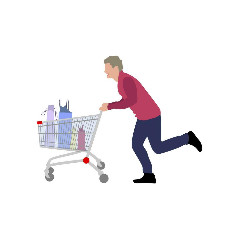 Man with full cart from supermarket. Vector character run away hypermarket, person with pushcart after shopping, illustration guy with basketful in mall, husband pushing cart with food grocery