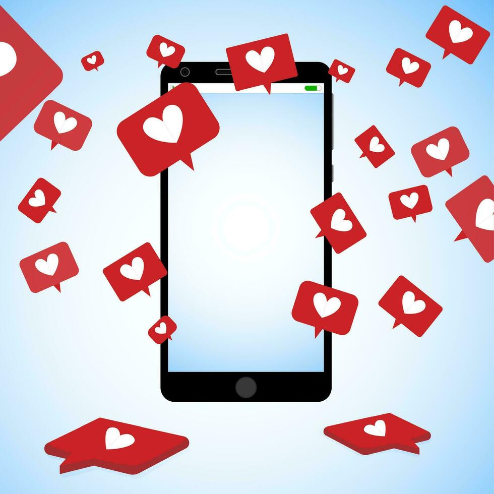 Social media addiction, depend on likes, nomophobia. Vector communication in internet, social media smartphone online, network addict of notification illustration. Dependence on heart and like on cell