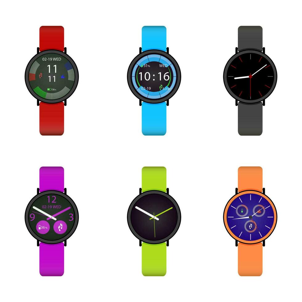 Smart watch user interface design collection. Sport clock, run device for tracking and count distance, heart rate and burn calories. Vector illustration. Sport and fitness band