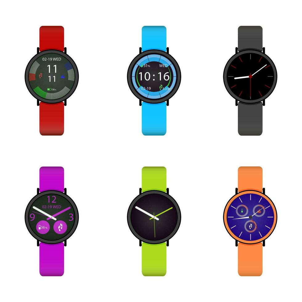 inteligente reloj usuario interfaz diseño recopilación. deporte reloj, correr dispositivo para rastreo y contar distancia, corazón Velocidad y quemar calorías vector ilustración. deporte y aptitud banda