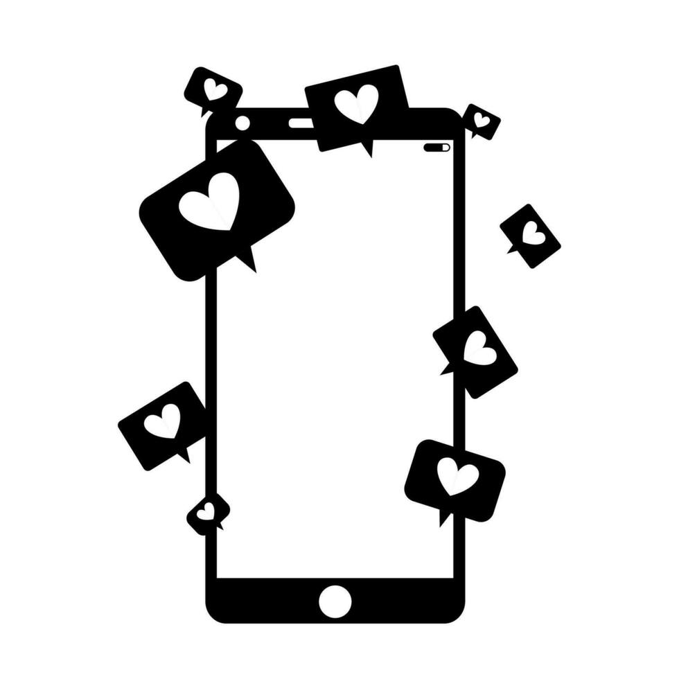 Smartphone gets notifications heart symbol and like, black and white style isolated. Illustration communication social media, smartphone monochrome networking, online addiction vector