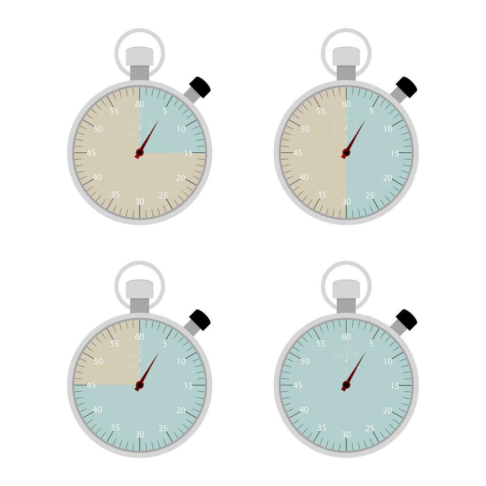 15, 30 and 45 minutes isolated on stopwatch. Stopwatch time, countdown and chronometer, number second measurement timepiece. Vector illustration