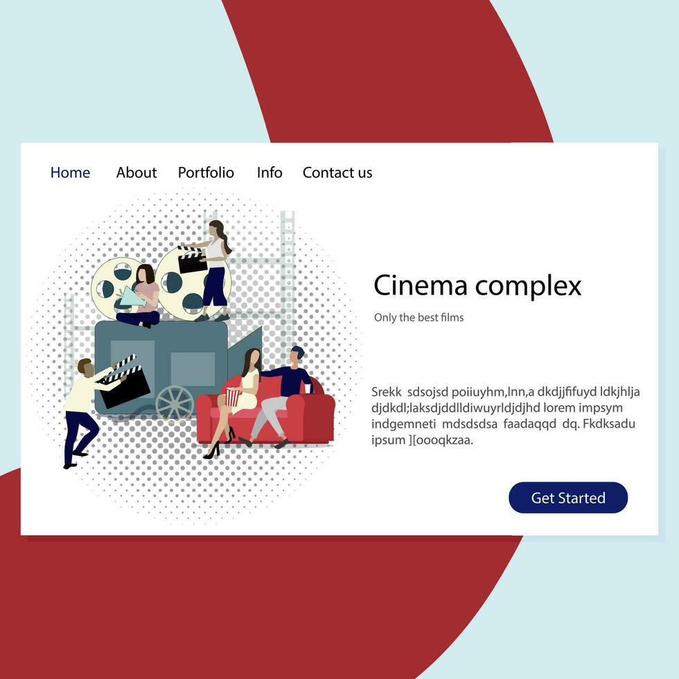 Cinema complex website, entertainment and leisure. Service show film, web page movie house. Vector illustration multimedia event