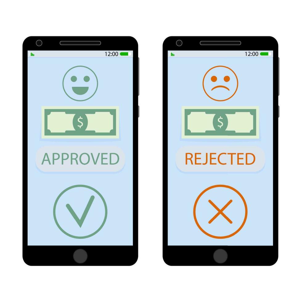 aprobado y rechazado pagar en teléfono inteligente obtener dinero en móvil aplicación, aprobar y denegar. vector ilustración