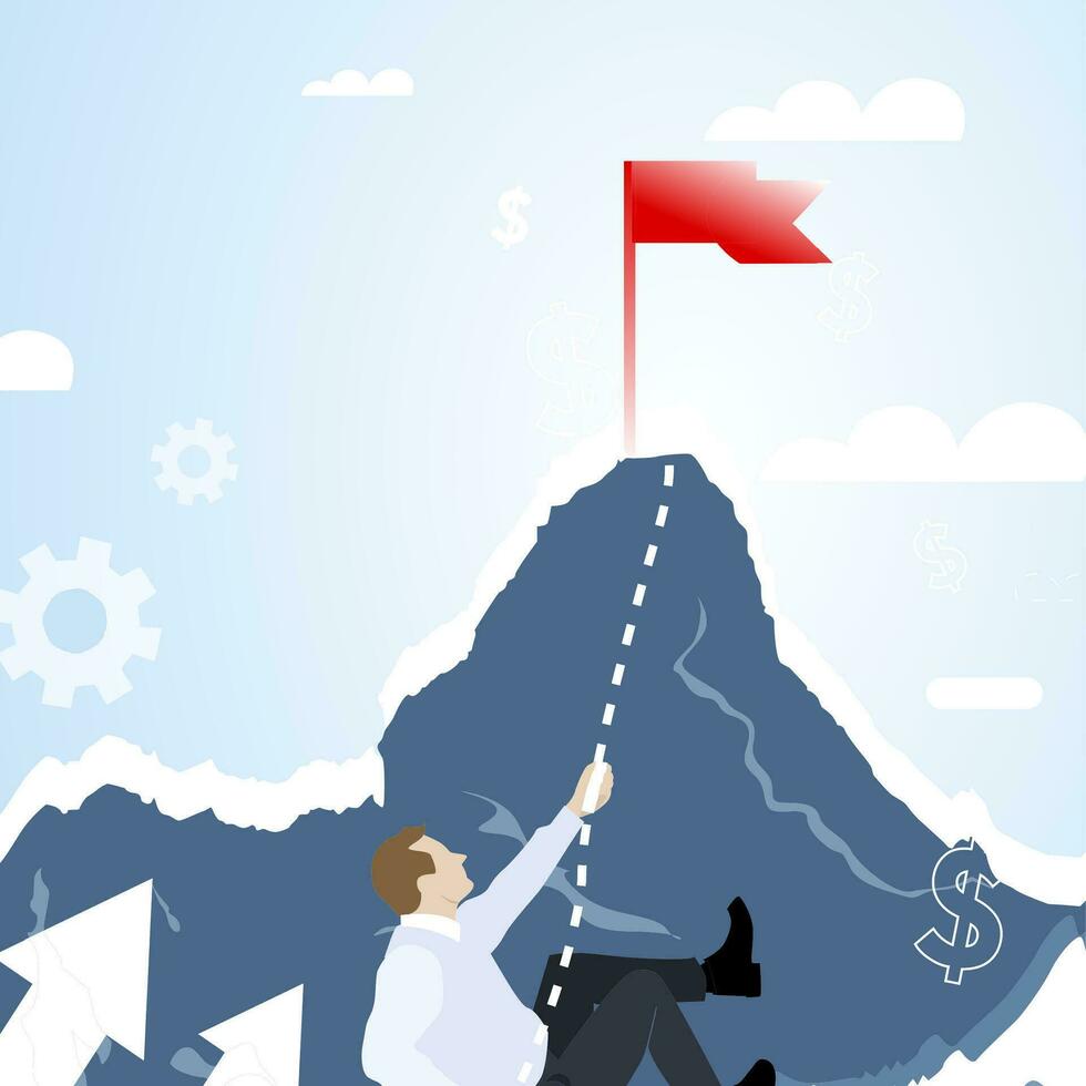Businessman climbing to top mountain, way to success. Vector business up, successful opportunity and development, goal and achievement illustration