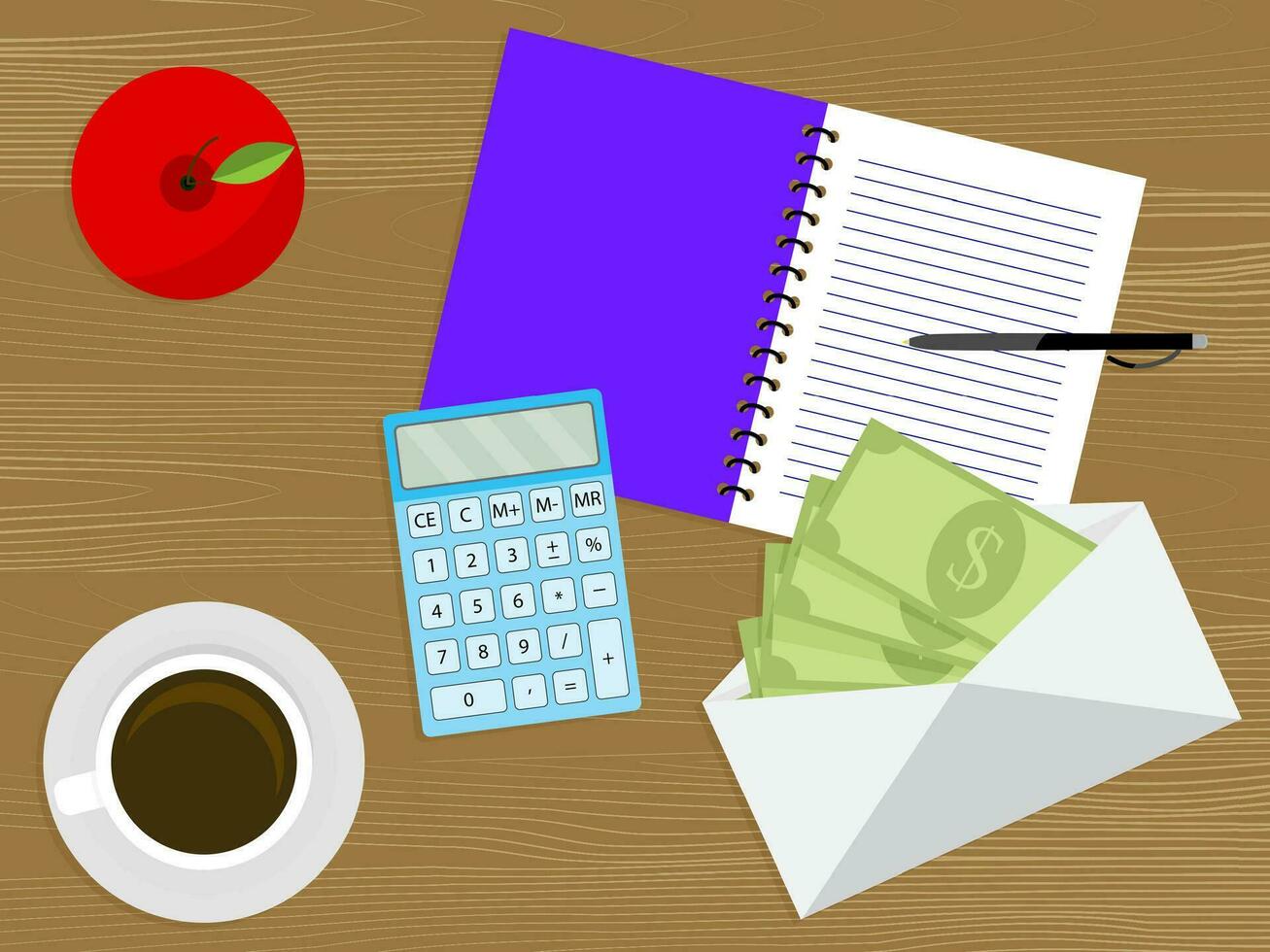 Cash money in envelope on table. Pay day concept vector. Cash salary on work place, illustration banknote budget and notebook for write vector